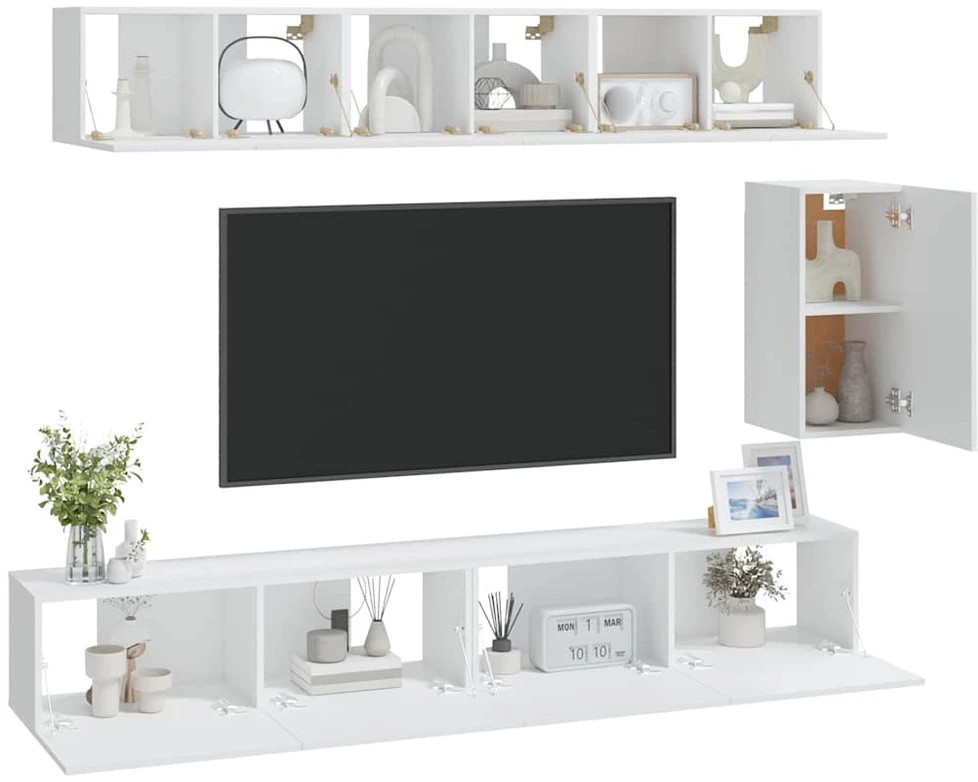 TV staliukas Televizoriaus spintelių komplektas, 6 dalių, baltas, mediena