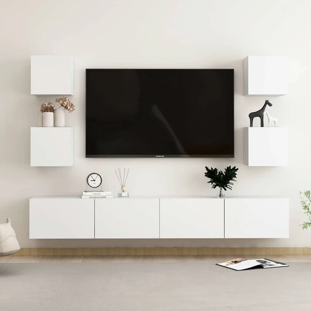 TV staliukas Televizoriaus spintelių komplektas, 6 dalių, baltas, mediena