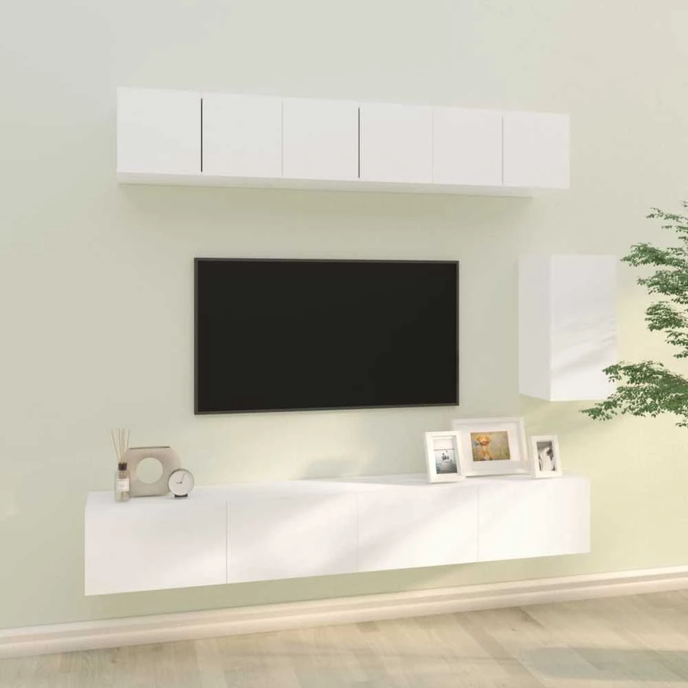 TV staliukas Televizoriaus spintelių komplektas, 6 dalių, baltas, mediena