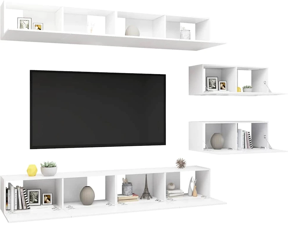 TV staliukas Televizoriaus spintelių komplektas, 6 dalių, baltas, mediena