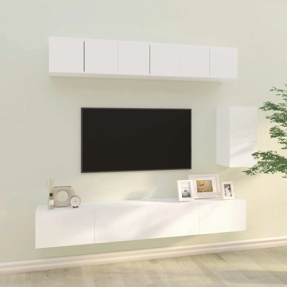 TV staliukas Televizoriaus spintelių komplektas, 6 dalių, baltas, mediena