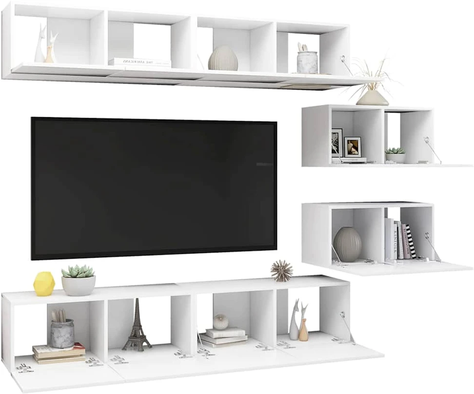 TV staliukas Televizoriaus spintelių komplektas, 6 dalių, baltas, mediena
