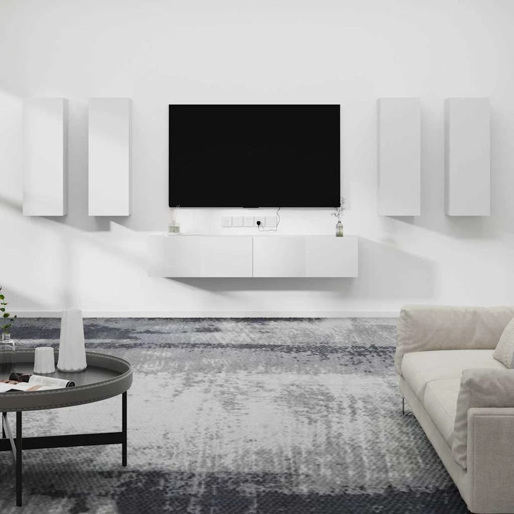 TV staliukas Televizoriaus spintelių komplektas, 6 dalių, baltas, mediena