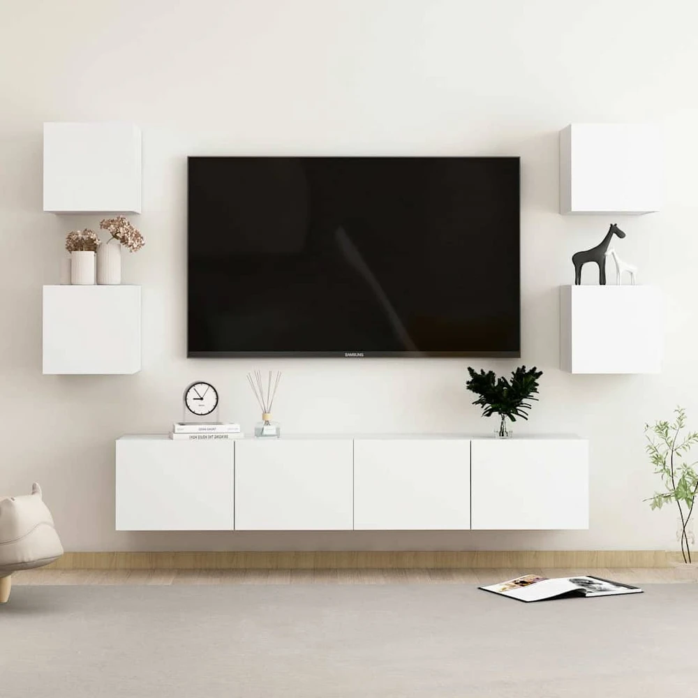 TV staliukas Televizoriaus spintelių komplektas, 6 dalių, baltas, mediena
