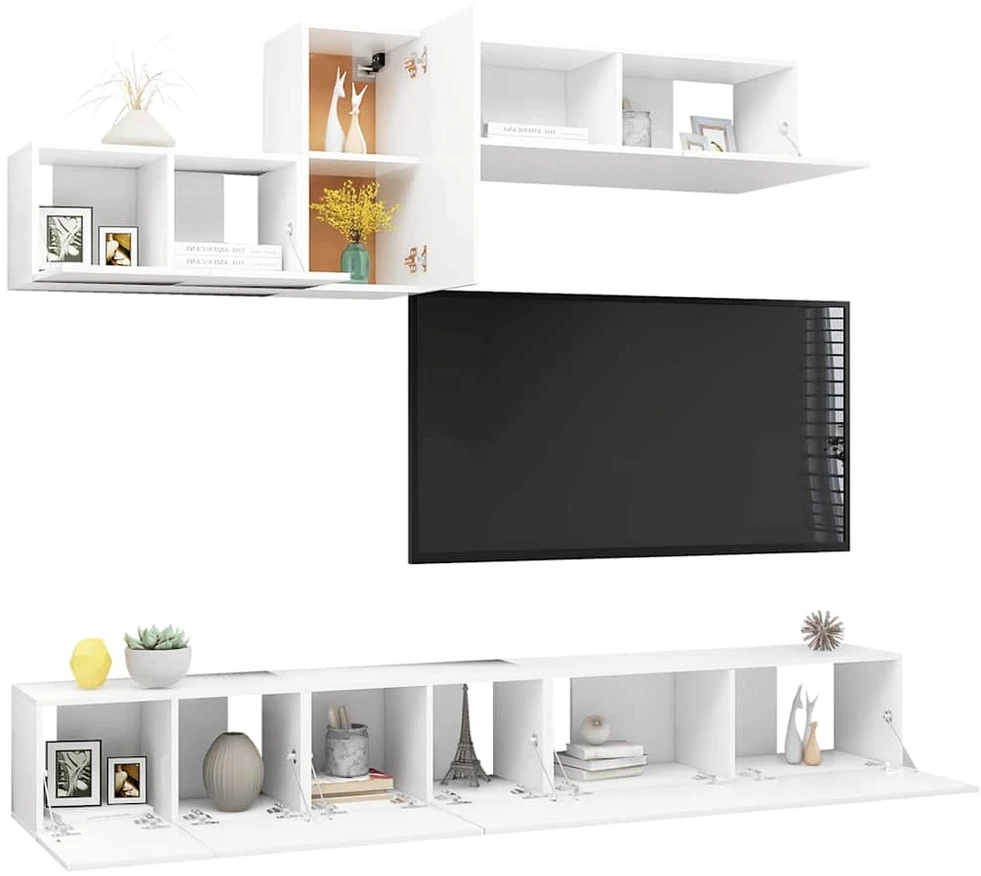 TV staliukas Televizoriaus spintelių komplektas, 6 dalių, baltas, mediena