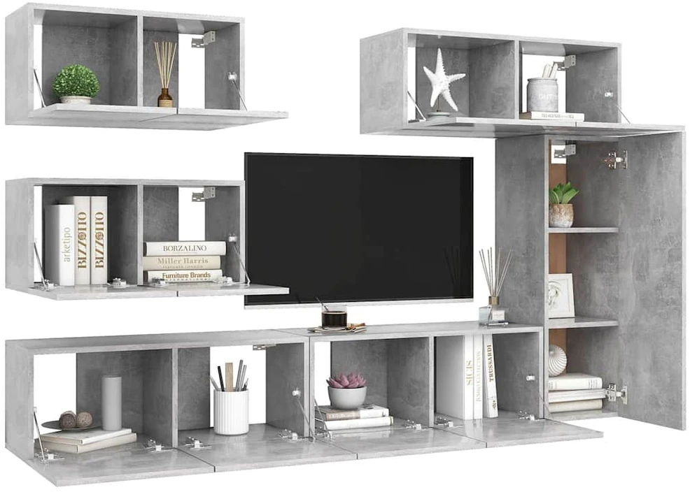 TV staliukas Televizoriaus spintelių komplektas, 6 dalių, betono, mediena