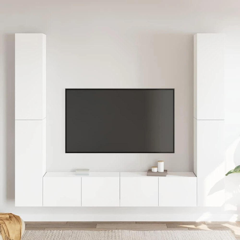 TV staliukas Televizoriaus spintelių komplektas, 6 dalių, baltas, mediena