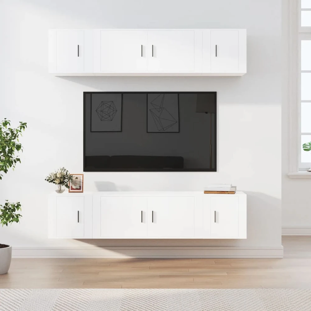 TV staliukas Televizoriaus spintelių komplektas, 6 dalių, baltas, mediena