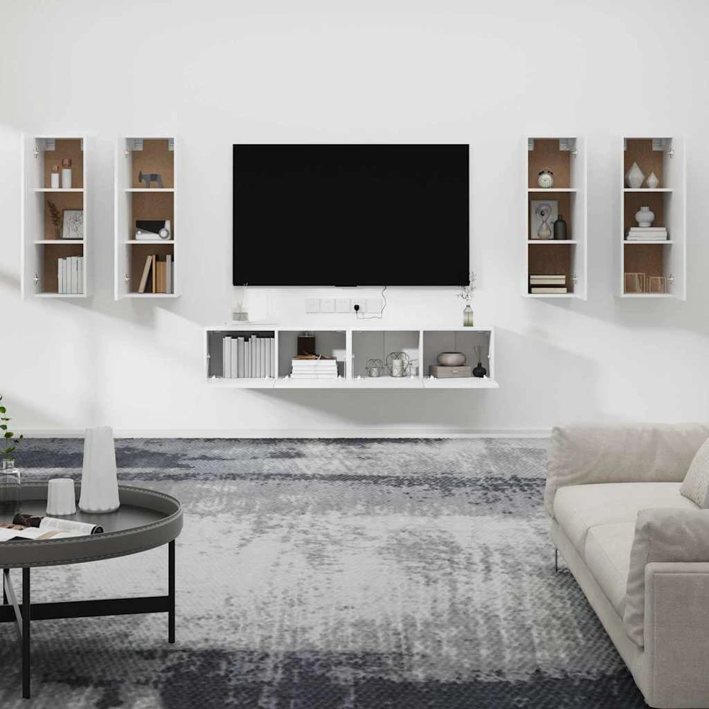TV staliukas Televizoriaus spintelių komplektas, 6 dalių, baltas, mediena