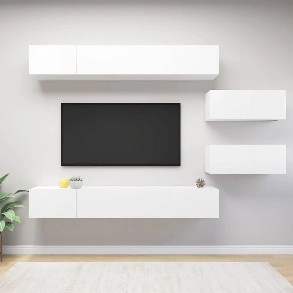 TV staliukas Televizoriaus spintelių komplektas, 6 dalių, baltas, mediena