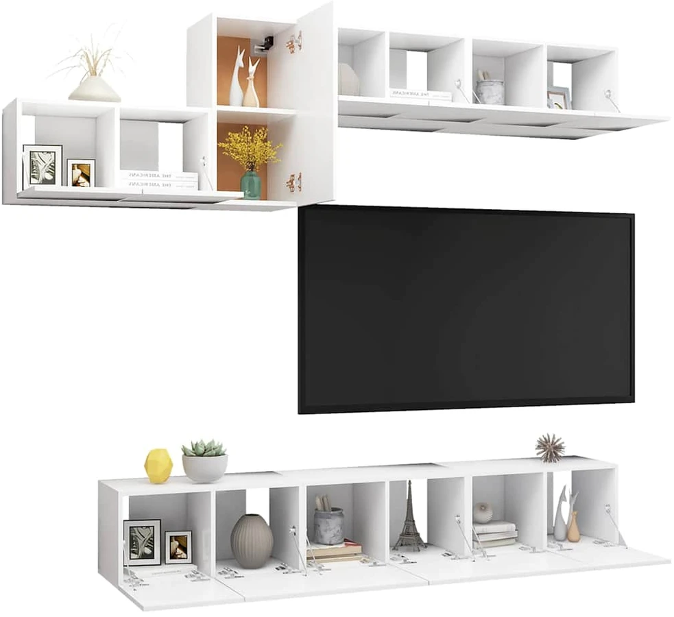 TV staliukas Televizoriaus spintelių komplektas, 7 dalių, baltas, mediena