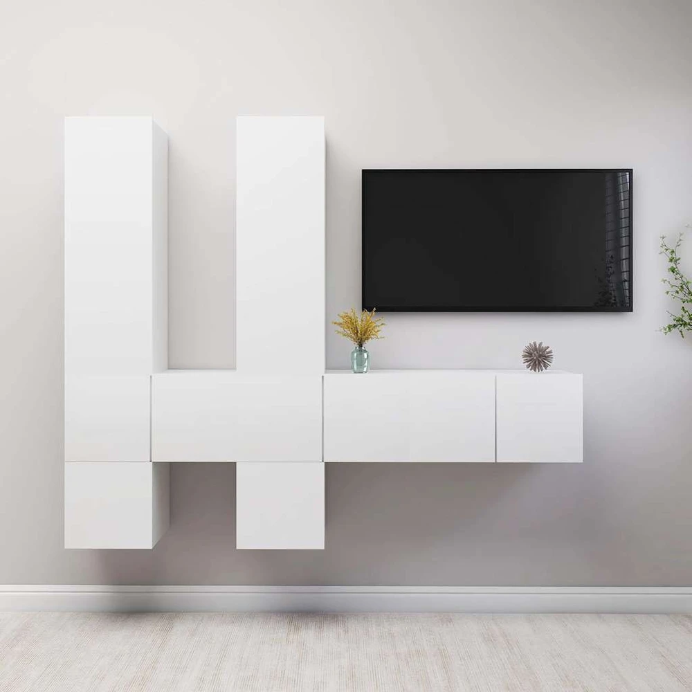 TV staliukas Televizoriaus spintelių komplektas, 7 dalių, baltas, mediena