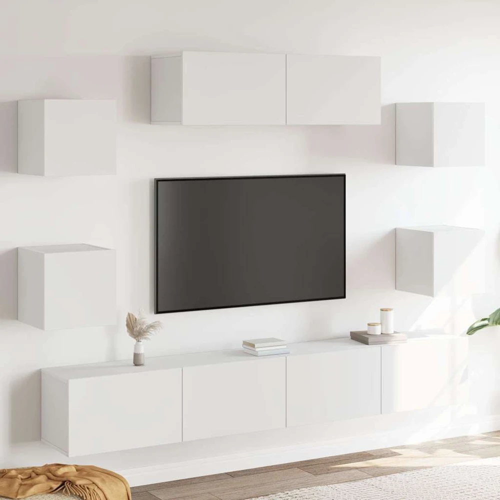 TV staliukas Televizoriaus spintelių komplektas, 7 dalių, baltas, mediena