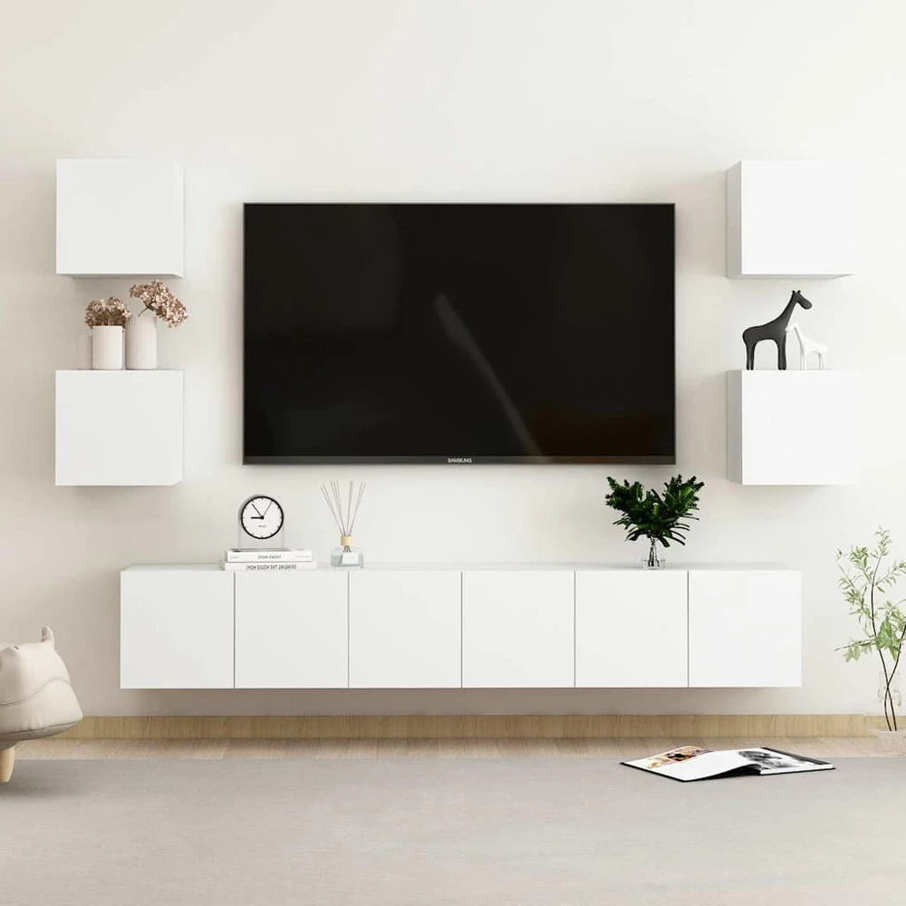 TV staliukas Televizoriaus spintelių komplektas, 7 dalių, baltas, mediena