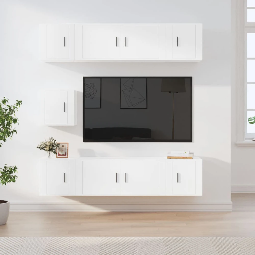 TV staliukas Televizoriaus spintelių komplektas, 7 dalių, baltas, mediena