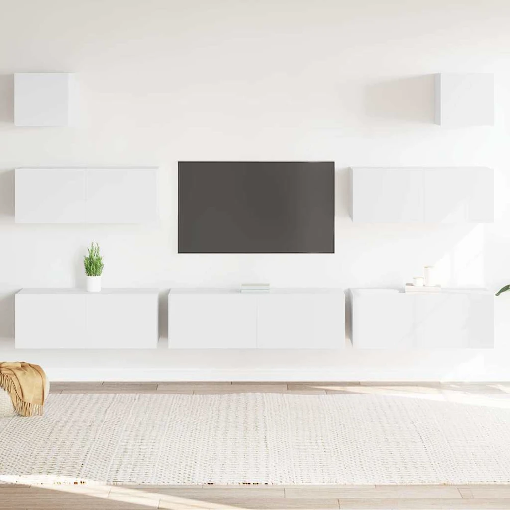 TV staliukas Televizoriaus spintelių komplektas, 7 dalių, baltas, mediena