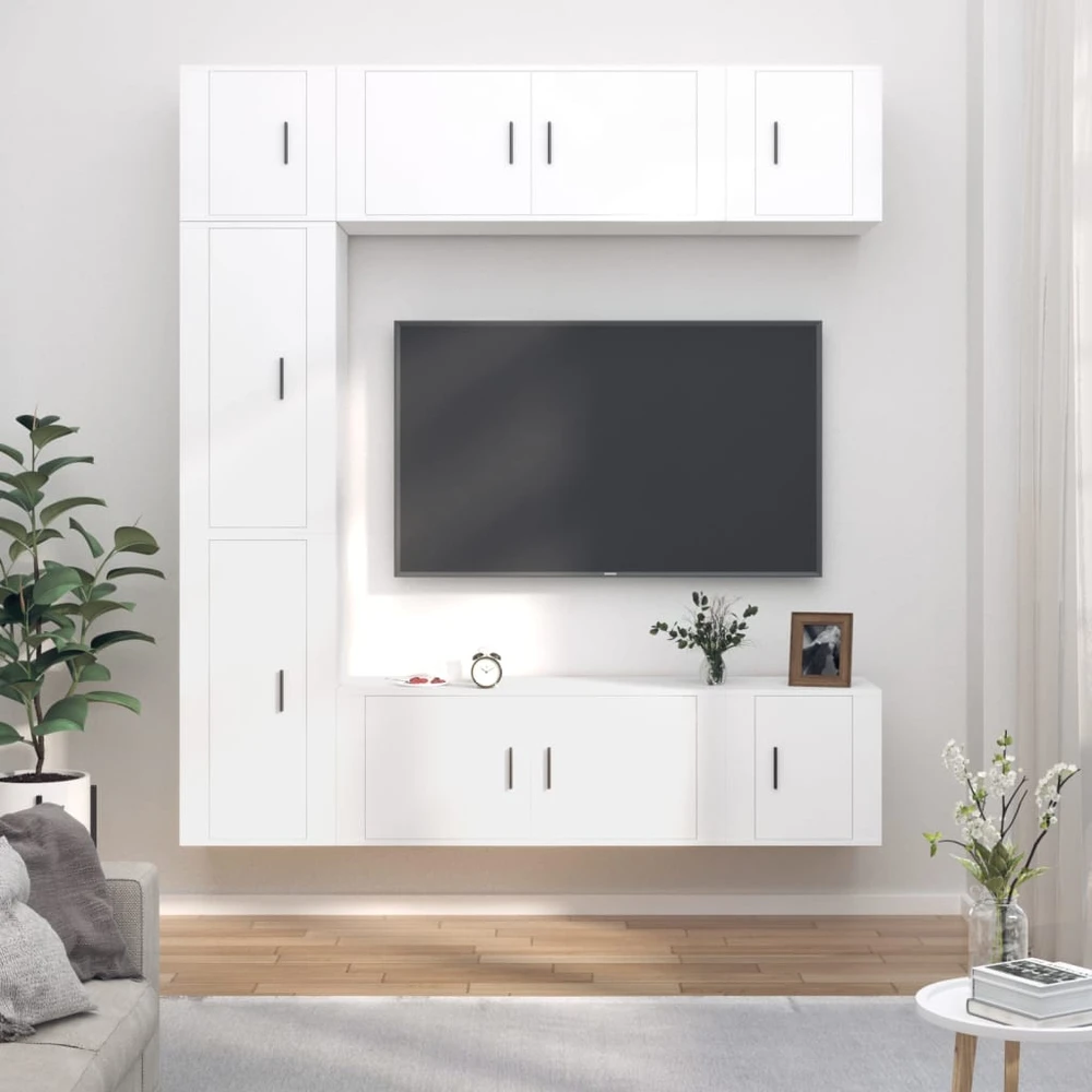 TV staliukas Televizoriaus spintelių komplektas, 7 dalių, baltas, mediena