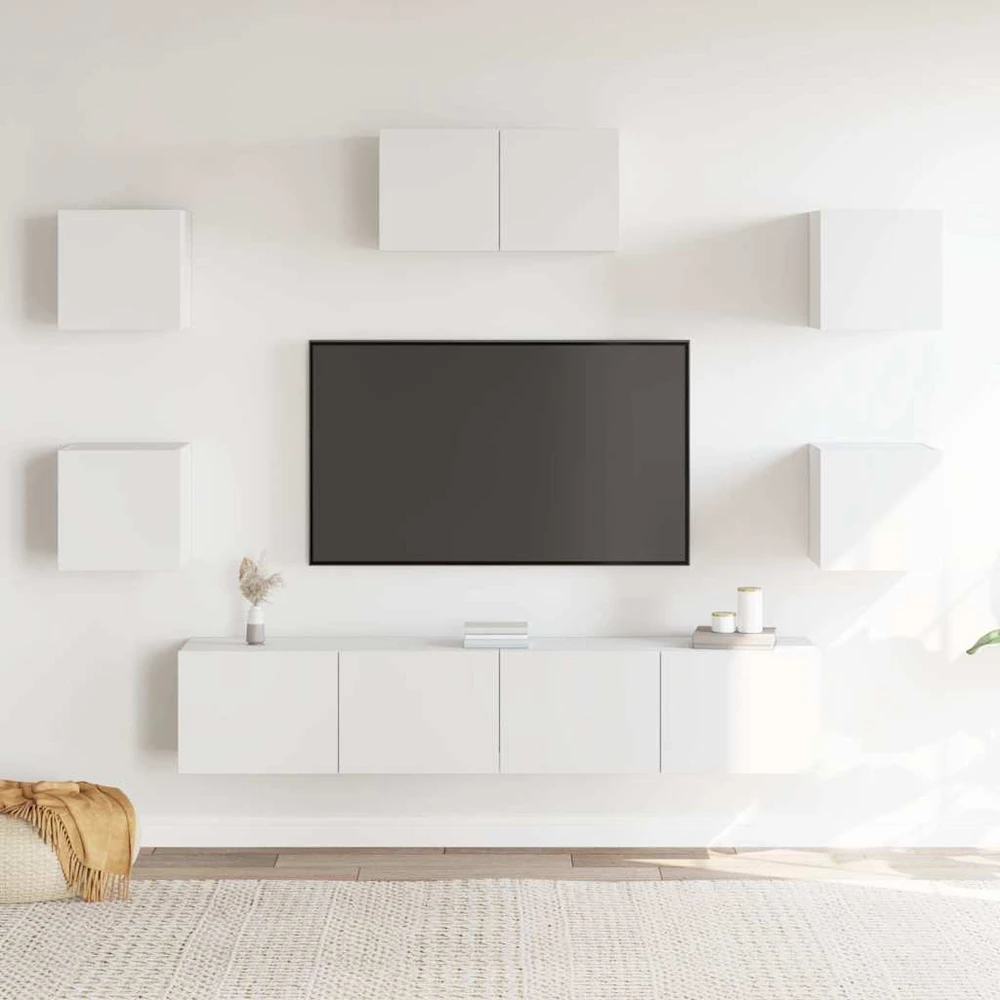 TV staliukas Televizoriaus spintelių komplektas, 7 dalių, baltas, mediena