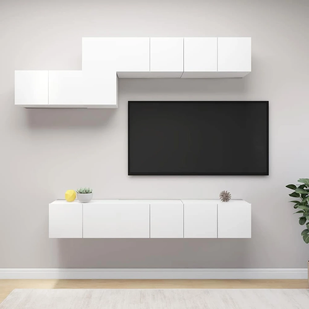 TV staliukas Televizoriaus spintelių komplektas, 7 dalių, baltas, mediena