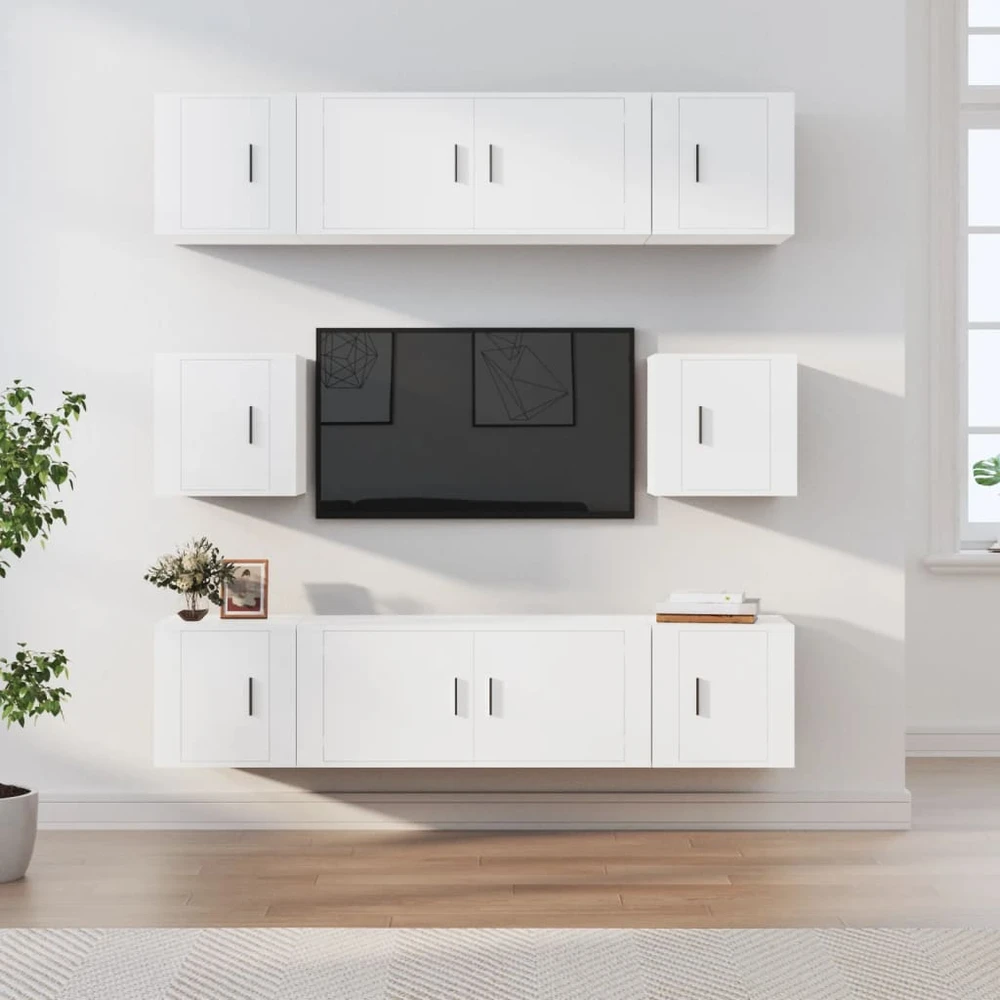 TV staliukas Televizoriaus spintelių komplektas, 8 dalių, baltas, mediena