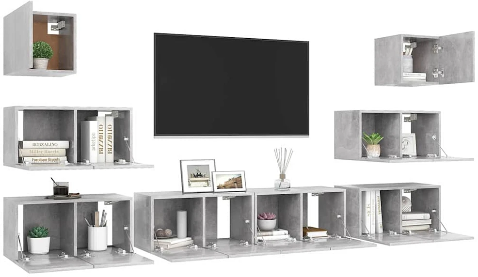 TV staliukas Televizoriaus spintelių komplektas, 8 dalių, betono, mediena