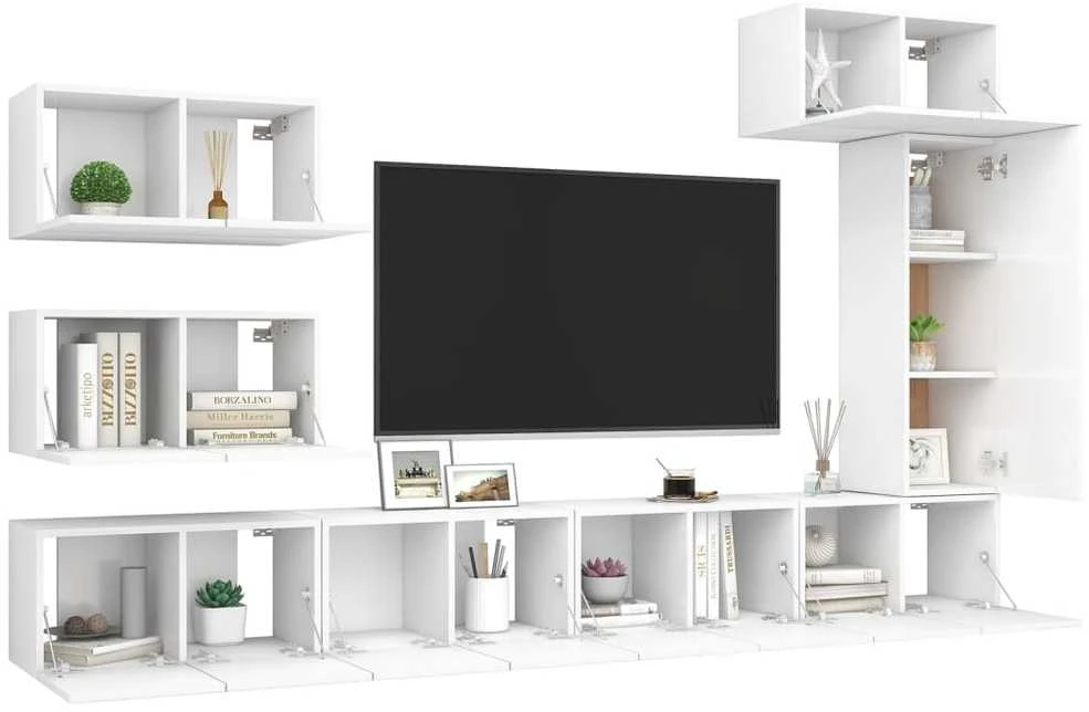 TV staliukas Televizoriaus spintelių komplektas, 8 dalių, baltas, mediena