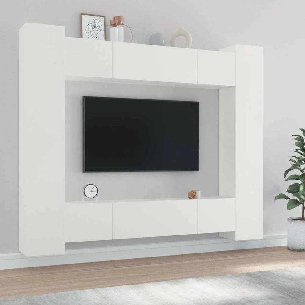 TV staliukas Televizoriaus spintelių komplektas, 8 dalių, baltas, mediena