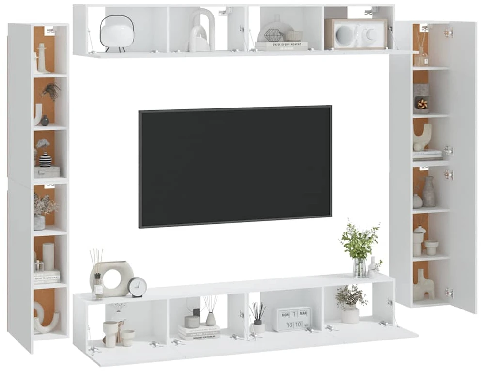TV staliukas Televizoriaus spintelių komplektas, 8 dalių, baltas, mediena