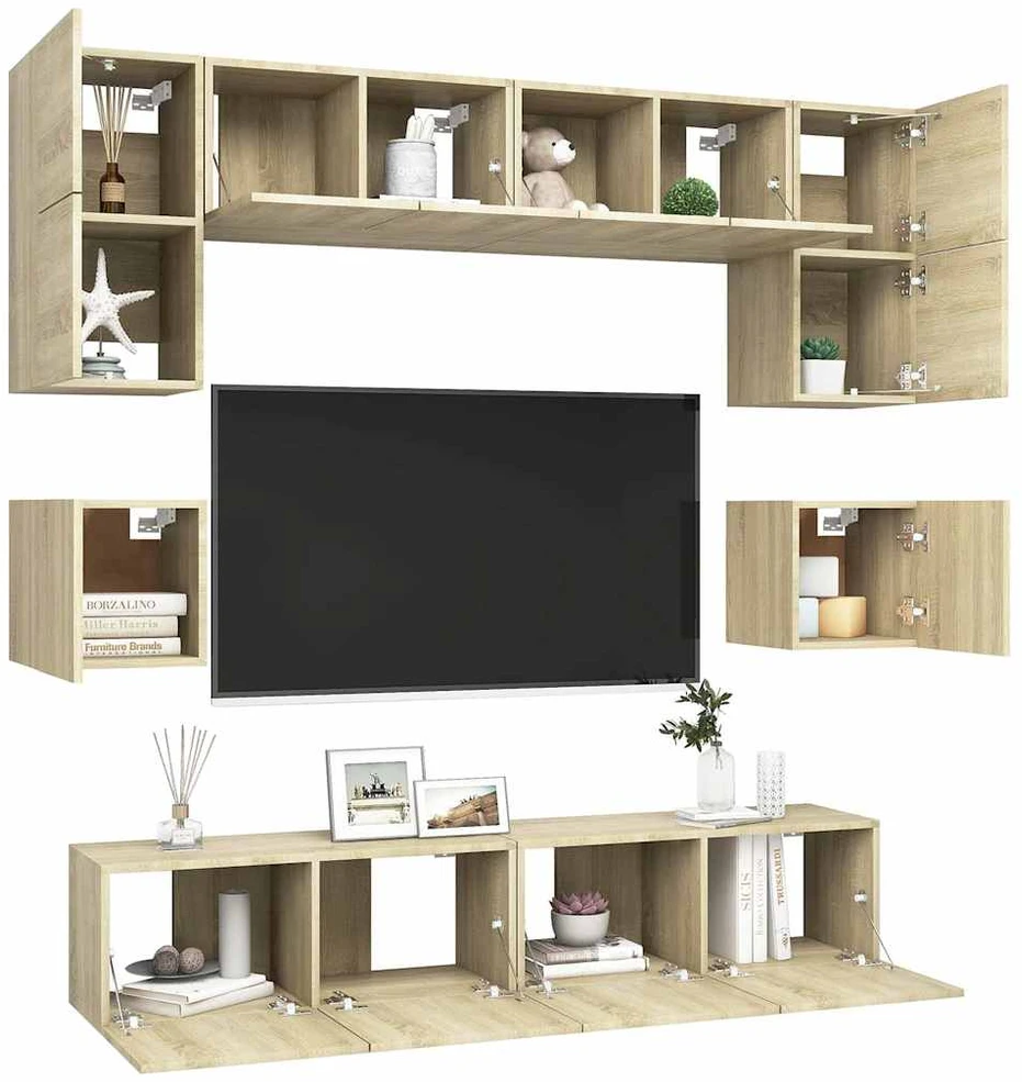 TV staliukas Televizoriaus spintelių komplektas, 8 dalių, ąžuolo, mediena