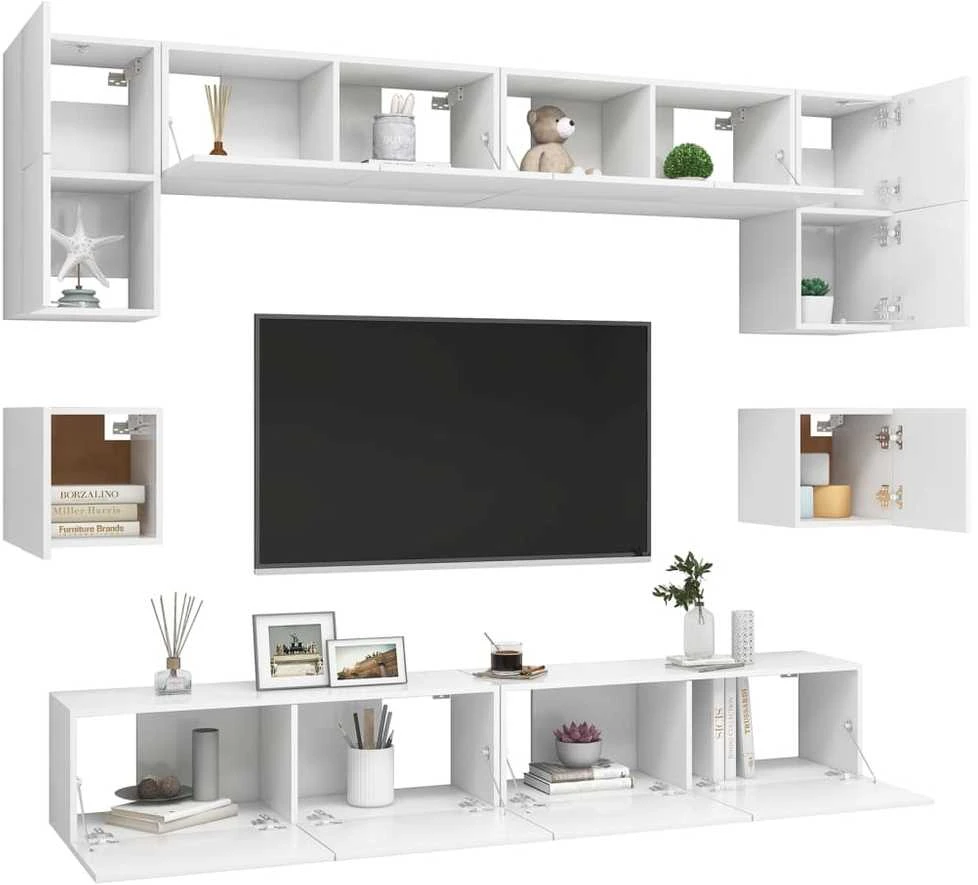 TV staliukas Televizoriaus spintelių komplektas, 8 dalių, baltas, mediena