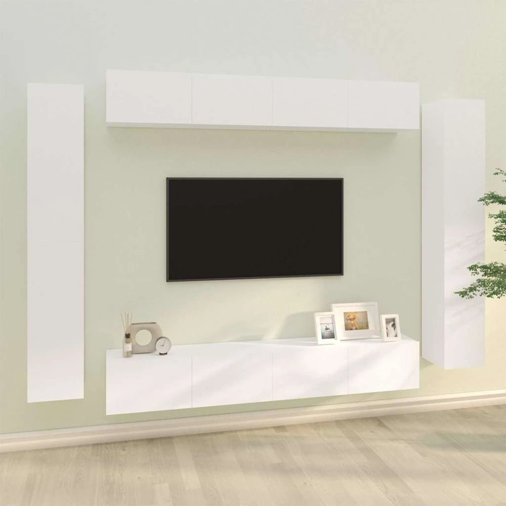 TV staliukas Televizoriaus spintelių komplektas, 8 dalių, baltas, mediena
