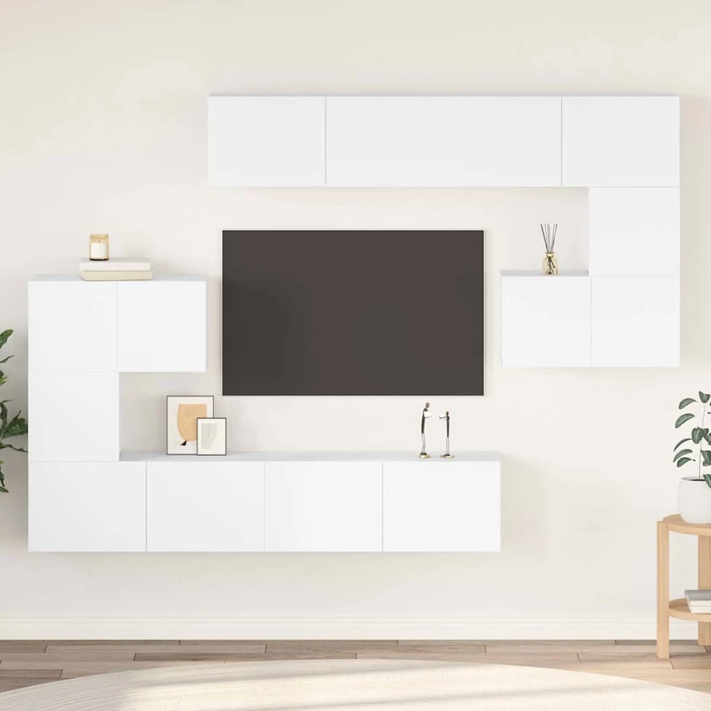 TV staliukas Televizoriaus spintelių komplektas, 8 dalių, baltas, mediena