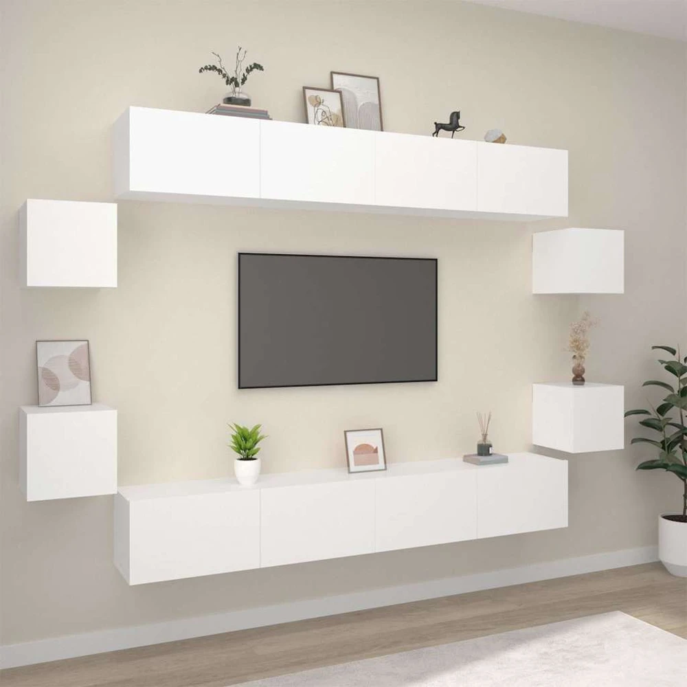 TV staliukas Televizoriaus spintelių komplektas, 8 dalių, baltas, mediena
