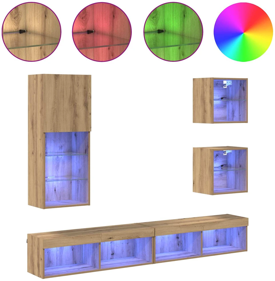 Televizorių sieniniai baldai su LED 5 vnt. Amatininkų ąžuolas