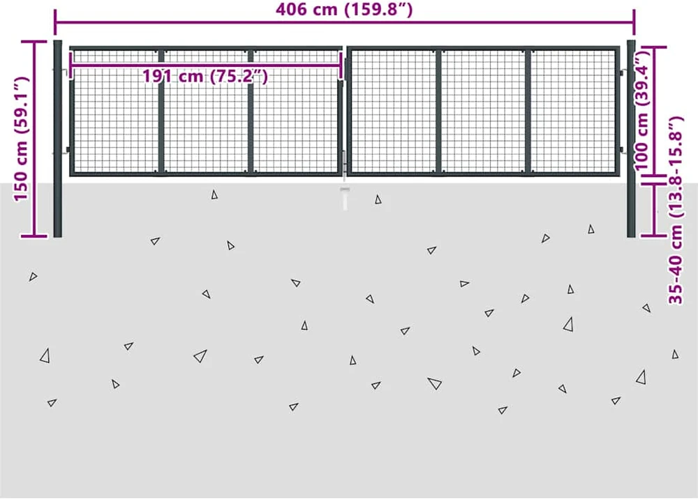 Tinkliniai sodo vartai, pilki, 400x150cm, galvanizuotas plienas