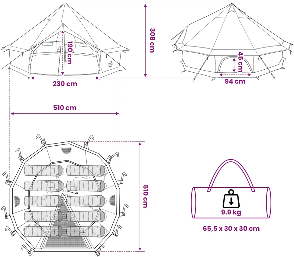 Tipi palapinė 10 asmeniui Ruda Pilka Poliesteris ir plienas