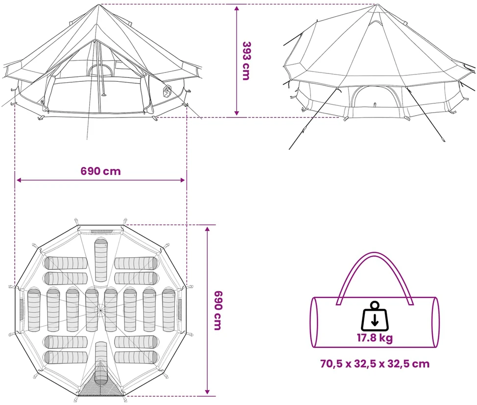 Tipi palapinė 18 asmeniui Pilka ir oranžinė