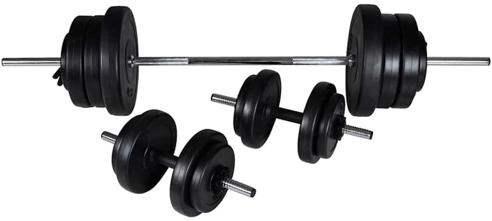 Treniruočių suoliukas su štanga ir hantelių rinkiniu, 60,5kg