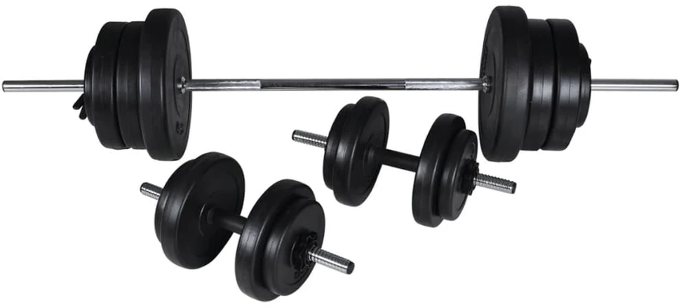 Treniruočių suoliukas su štanga ir hantelių rinkiniu, 60,5kg