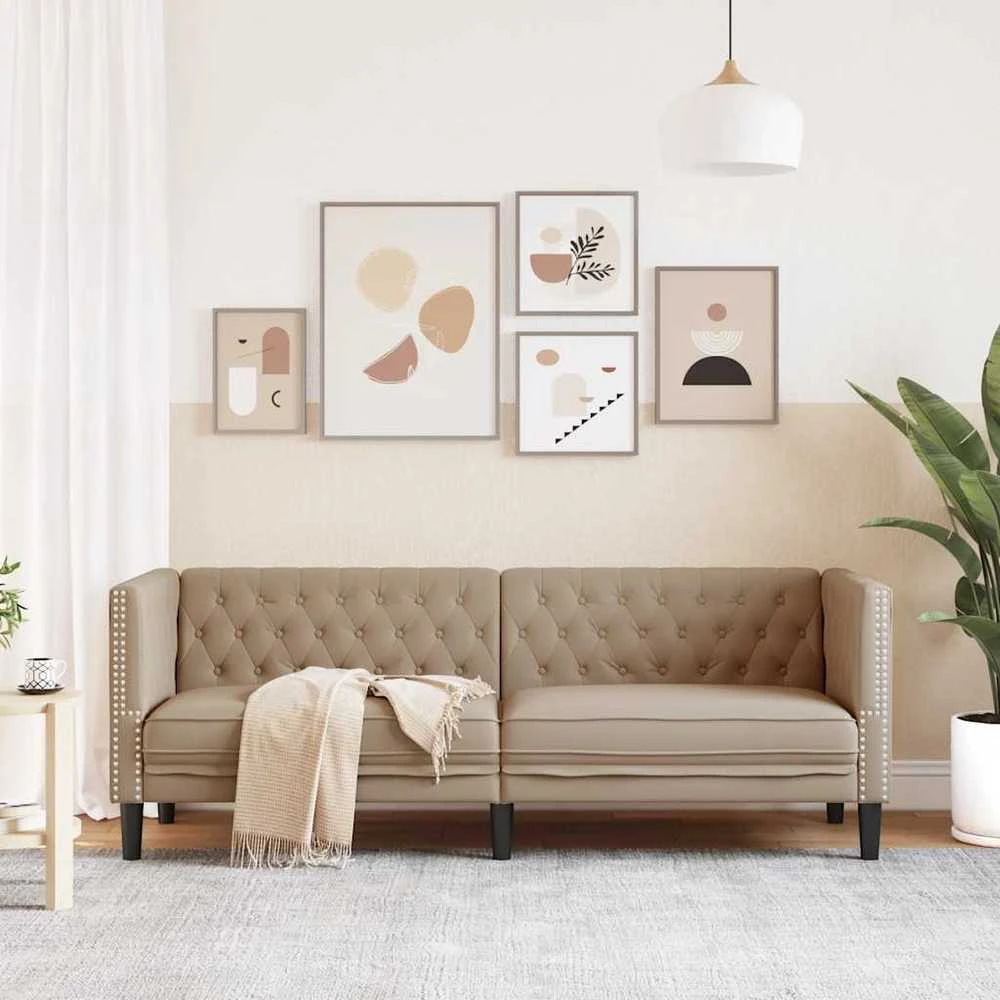Trivietė chesterfield sofa, kapučino spalvos, dirbtinė oda