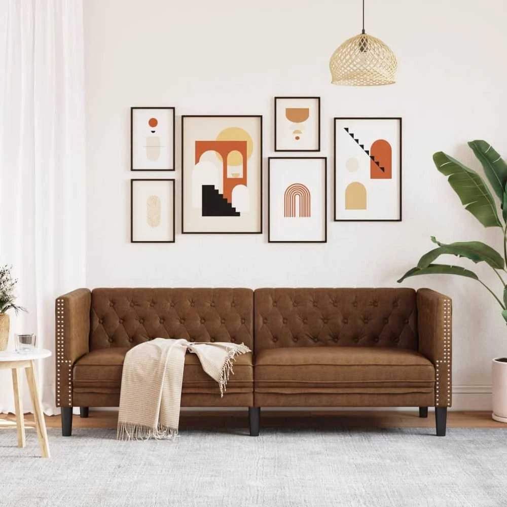 Trivietė chesterfield sofa, rudos spalvos, dirbtinė versta oda