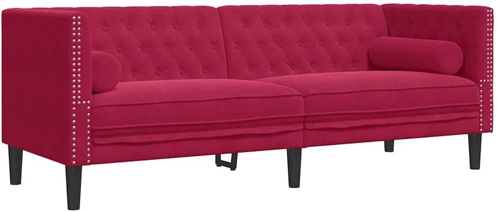 Trivietė chesterfield sofa su pagalvėlėmis, raudona, aksomas