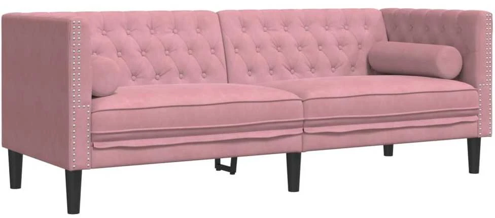 Trivietė chesterfield sofa su pagalvėlėmis, rožinė, aksomas