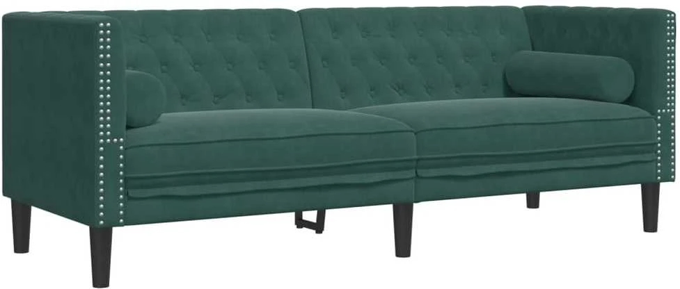 Trivietė chesterfield sofa su pagalvėlėmis, žalia, aksomas