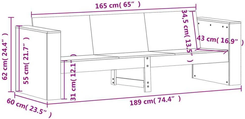 Trivietė sodo sofa, balta, 189x60x62cm, pušies medienos masyvas