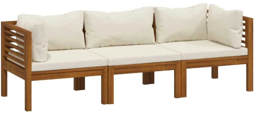 Trivietė sodo sofa su kreminėmis pagalvėlėmis, akacijos masyvas