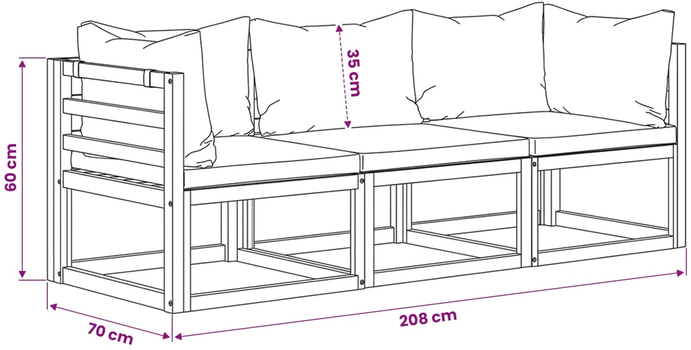 Trivietė sodo sofa su pagalvėlėmis, akacijos medienos masyvas