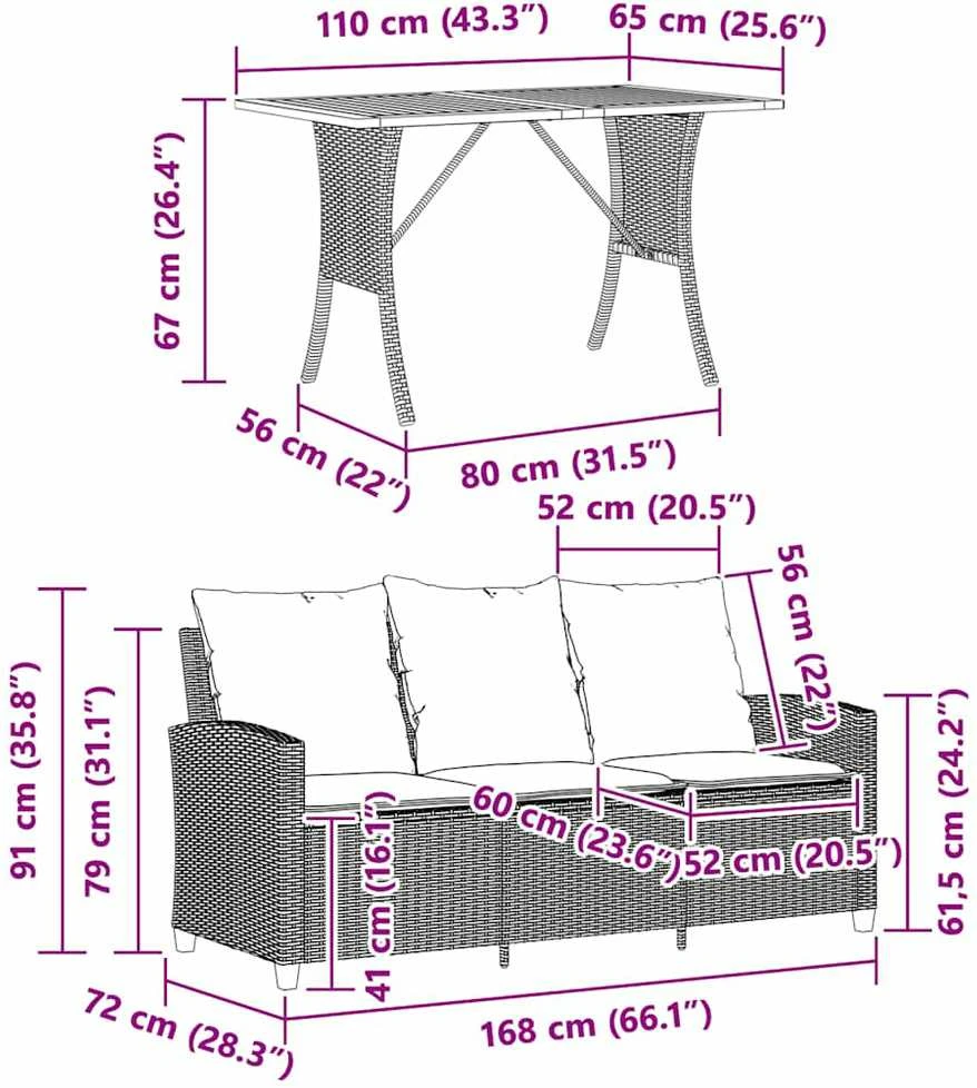 Trivietė sodo sofa su pagalvėlėmis ir staliuku, šviesiai pilka