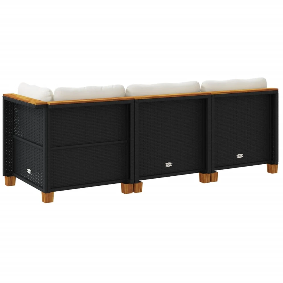 Trivietė sodo sofa su pagalvėlėmis, juodos spalvos, poliratanas