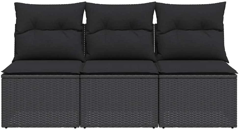 Trivietė sodo sofa su pagalvėlėmis, juodos spalvos, poliratanas